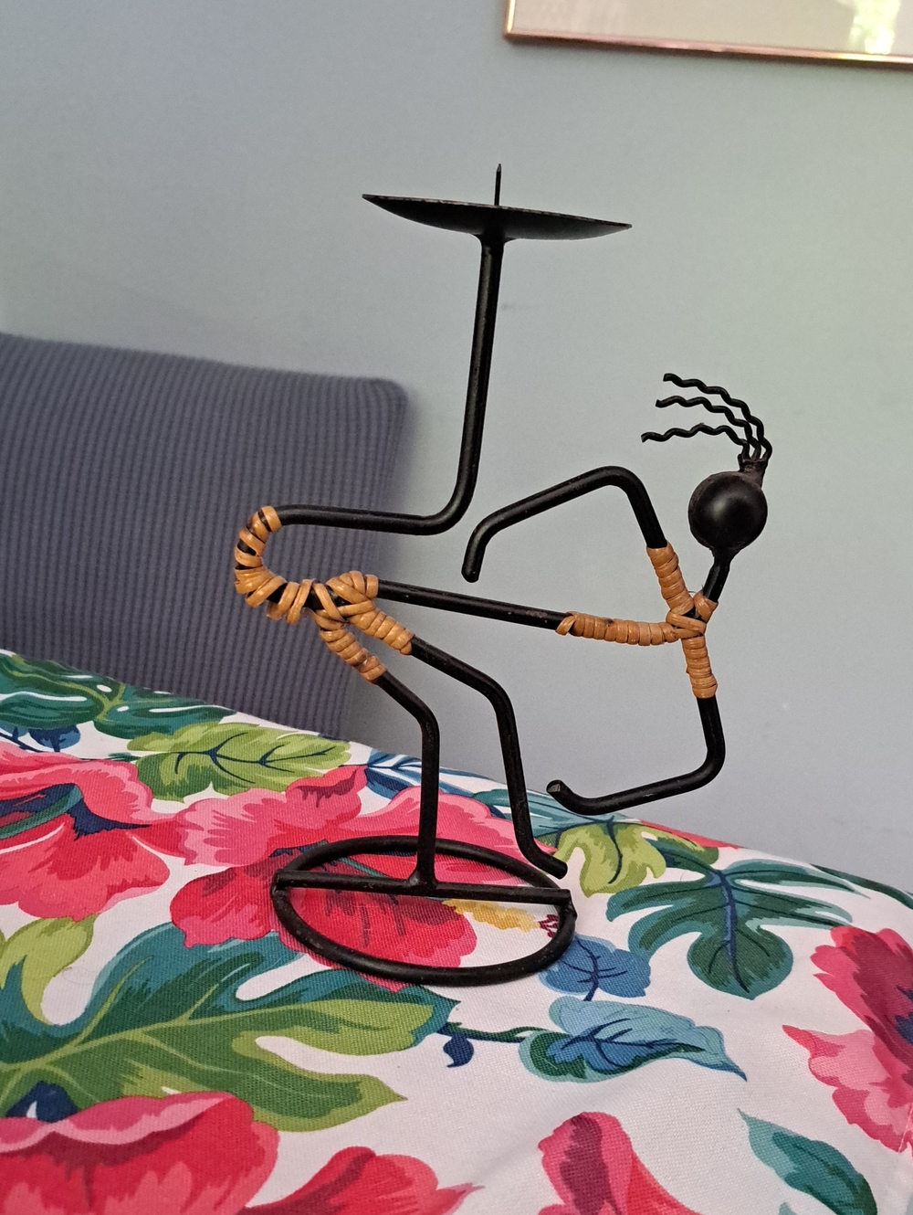 Handcrafted Black Metal Figure Candle Holder with Tan Wrapping